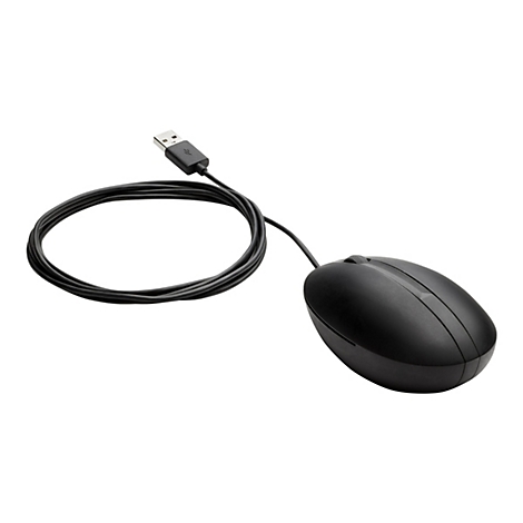 Une souris d'ordinateur noire avec un câble et un connecteur USB sur fond blanc.