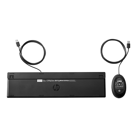 Schwarze Tastatur und Maus von HP, die RÃ¼ckseite mit Kabeln. Das HP Logo ist zu sehen.