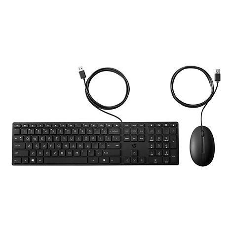 Ein schwarzes HP-Tastatur- und Maus-Set mit USB-Anschlüssen, auf weißem Hintergrund.