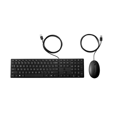 Schwarzes HP Tastatur-Maus-Set mit Kabeln auf weißem Hintergrund.