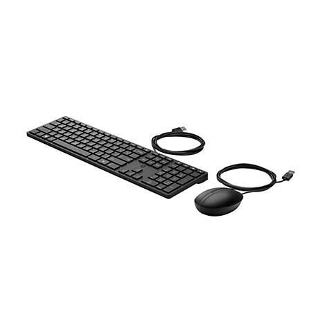 Schwarze kabelgebundene HP Tastatur und Maus vor weißem Hintergrund.