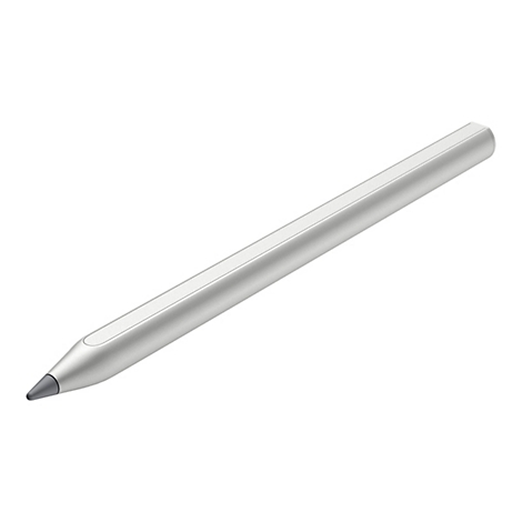 Silberner Stylus auf weißem Hintergrund. Der Stift ist schlank, zylindrisch und hat eine abgeschrägte Spitze.