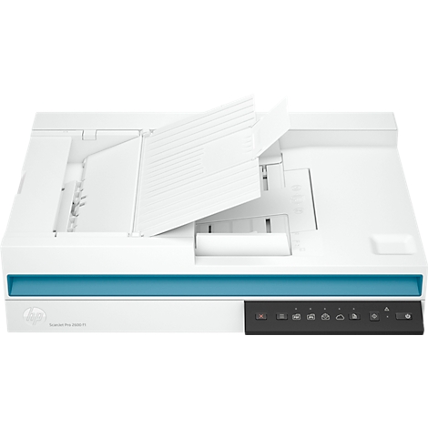 Flatbed scanner, wit en blauw, deksel open. Zwart bedieningspaneel met symbolen. HP-logo.
