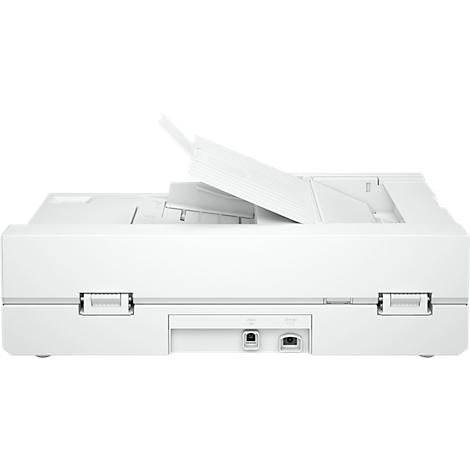 Witte scanner met open deksel, achteraanzicht. Poorten bevinden zich aan de onderkant.