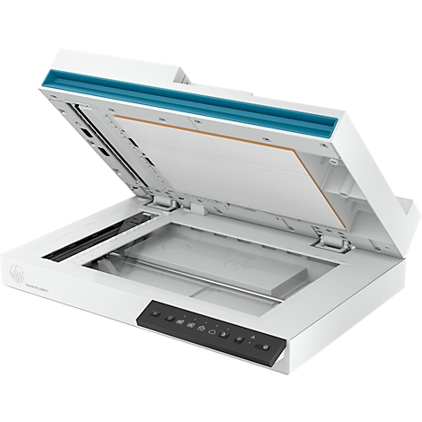 Een witte flatbedscanner met het deksel open, waardoor een wit vel papier zichtbaar wordt. De bovenkant van de scanner heeft een blauwe streep.