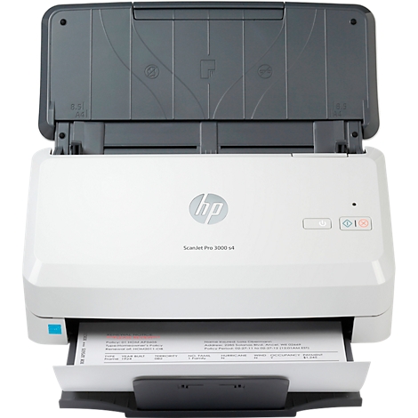 Witte HP-scanner met open deksel. Er ligt een document klaar in de invoer.