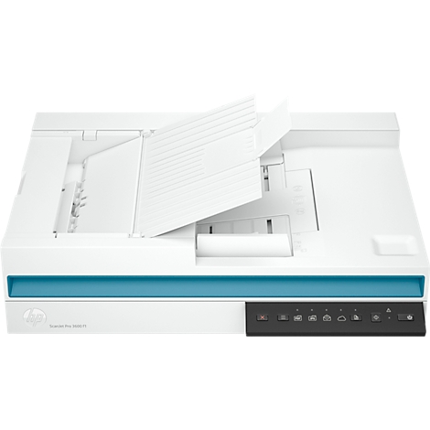 Witte HP-scanner met open klep, naast een blauwe sierlijst. Bedieningspaneel met knoppen.