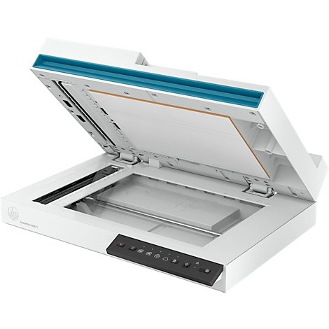 Witte scanner met open deksel, met een vel papier aan de binnenkant. Bovenkant blauw, bedieningspaneel zwart.