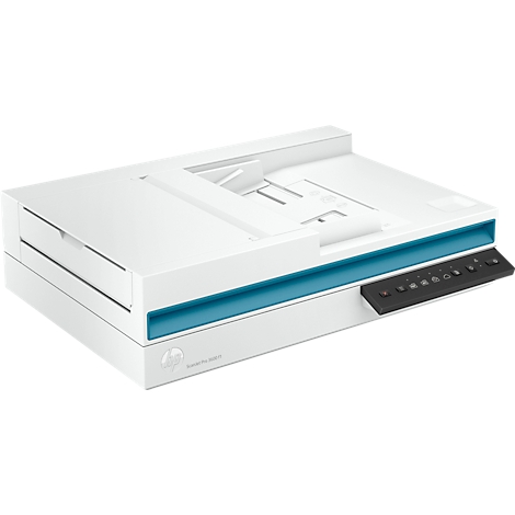 Witte HP scanner met een blauwe streep. Zwarte bedieningsknoppen aan de zijkant.