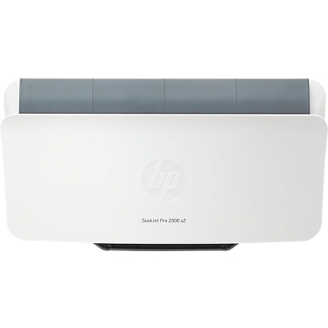 Draufsicht auf einen weißen HP-Scanner mit grauem Deckel und HP-Logo. Beschriftung: Scanjet Pro 2000 s2.