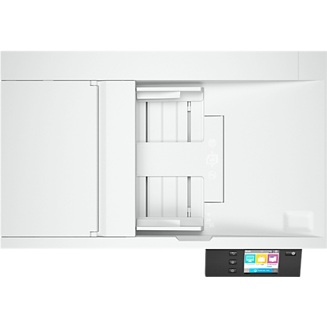 Draufsicht auf einen weißen Drucker mit Bedienfeld. Das Bedienfeld ist schwarz und verfügt über farbige Symbole.