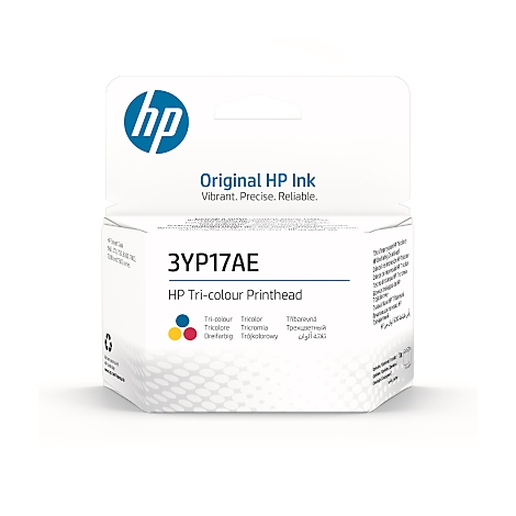 Verpackung einer HP Tri-Color Druckkopfpatrone. Oben links das HP Logo. Aufschrift: Original HP Ink, 3YP17AE.