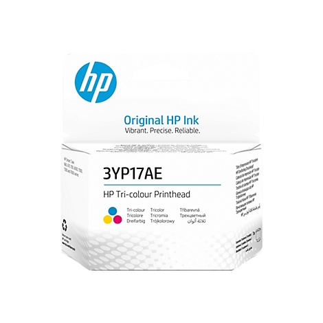 HP Tintenpatrone, weißer Hintergrund. Aufdruck: HP, Original HP Ink. Produktbezeichnung: 3YP17AE. Aufgedruckt sind die Farben Cyan, Magenta, Gelb.