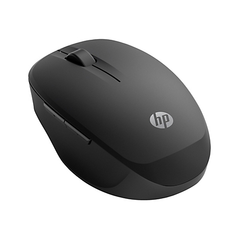 Schwarze, kabellose HP-Computermaus vor weißem Hintergrund mit HP-Logo und seitlichen Tasten.