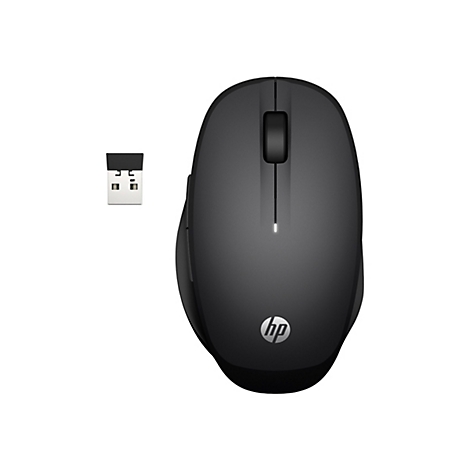 Drahtlose schwarze Maus mit USB-Empfänger. Auf der Maus befindet sich das HP-Logo.