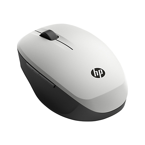 Drahtlose Maus mit weißer Oberseite und schwarzem Unterteil. Das HP Logo ist sichtbar.