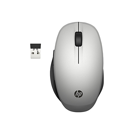 Graue kabellose HP Maus mit USB-Empfänger auf weißem Hintergrund. Die Maus hat ein HP-Logo.