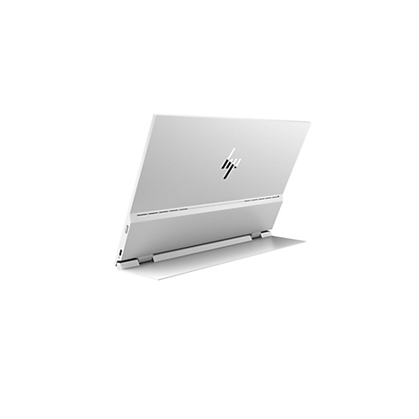 Ein weißes HP-Laptop, teilweise geöffnet, auf weißem Hintergrund. Das Logo ist auf dem Deckel sichtbar.