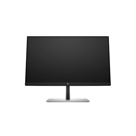 Schwarzer HP Monitor mit dünnem Rahmen auf einem silbernen Standfuß vor weißem Hintergrund.