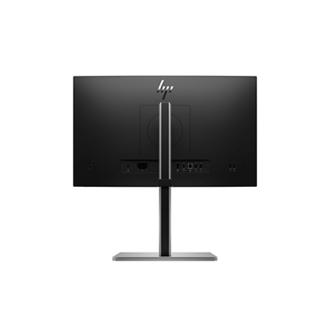 Rückseite eines schwarzen HP-Monitors mit Standfuß und sichtbaren Anschlüssen.