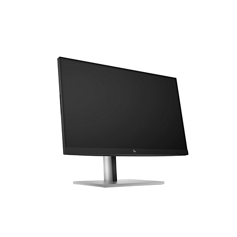 Schwarzer HP Monitor mit schlankem Rahmen auf einem silbernen Standfuß vor weißem Hintergrund.