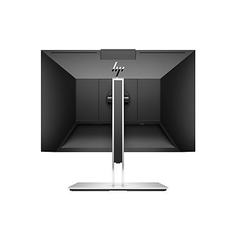 Rückseite eines schwarzen HP Monitors auf einem silbern-schwarzen Standfuß vor weißem Hintergrund.