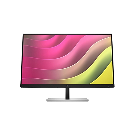 Schwarzer HP Monitor mit dünnem Rahmen auf silbernem Standfuß und abstraktem, farbenfrohem Hintergrund.