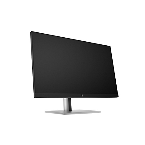 Schwarzer HP Monitor mit schlankem Rahmen auf einem silbernen Standfuß vor weißem Hintergrund.