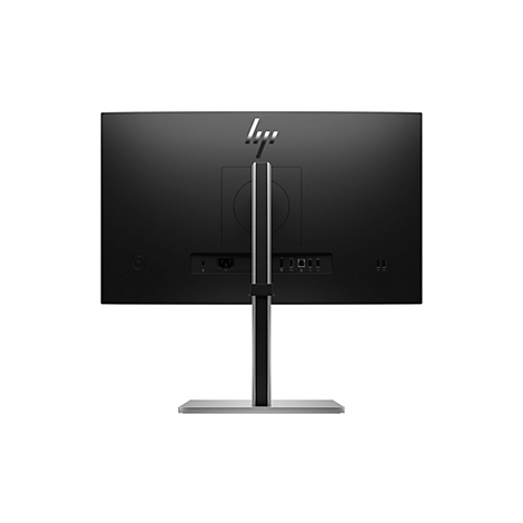 Rückseite eines schwarzen HP-Monitors mit Standfuß und verschiedenen Anschlüssen.