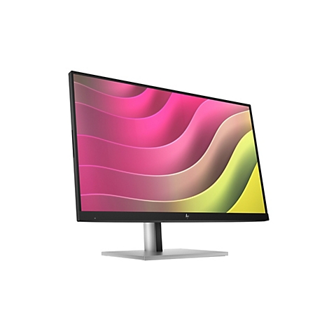 Schwarzer HP Monitor mit einem abstrakten, wellenförmigen Hintergrund in Pink und Gelb auf einem silbernen Standfuß.