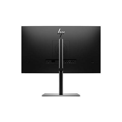 Rückseite eines schwarzen HP Monitors mit Standfuß vor weißem Hintergrund.
