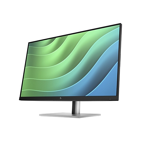 Ein moderner HP-Monitor mit dünnem Rahmen auf silbernem Standfuß und abstraktem, grün-blauem Wellen-Hintergrundbild.
