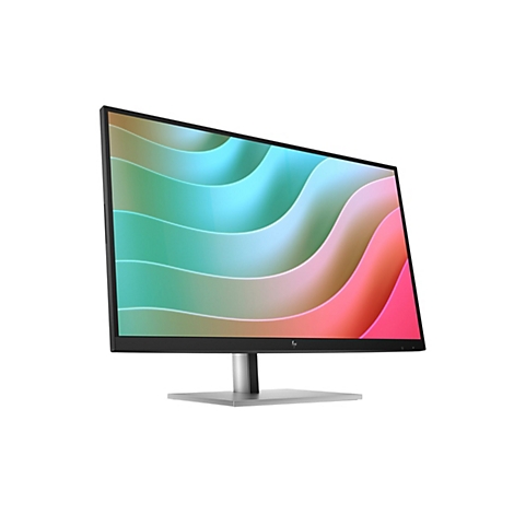 Schwarzer HP Monitor mit dünnem Rahmen auf silbernem Standfuß, zeigt bunte, wellenförmige Grafik auf weißem Grund.