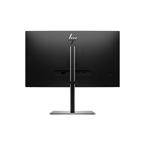 Rückseite eines schwarzen HP Monitors auf einem silbernen Standfuß mit verschiedenen Anschlussmöglichkeiten.