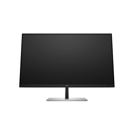 Schwarzer HP Monitor mit schlanken Rahmen auf einem silbernen Standfuß vor weißem Hintergrund.