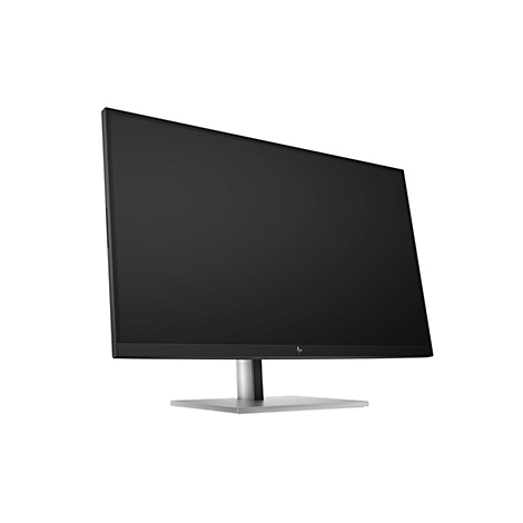 Schwarzer HP Monitor mit schlankem Rahmen auf einem silbernen Standfuß vor weißem Hintergrund.