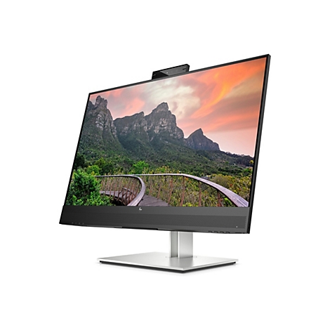 HP All-in-One Computer mit integrierter Webcam und Berglandschaft auf dem Display vor weißem Hintergrund.