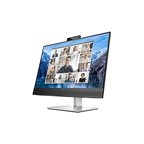 HP Konferenzmonitor mit integrierter Webcam zeigt eine Videokonferenz mit mehreren Personen vor einer Berglandschaft.