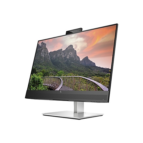 HP-Monitor mit schmalem Rahmen, Standfuß aus Metall, integrierter Webcam und Landschaftsbild auf dem Display.