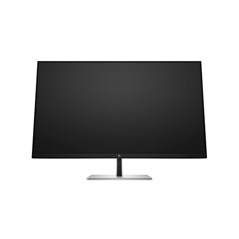 Schwarzer HP Monitor mit schlankem Rahmen auf einem silbernen Standfuß vor weißem Hintergrund.