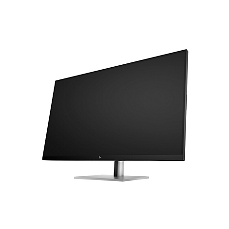 Ein schwarzer HP Computer-Monitor in Frontalansicht mit silbernem Standfuß vor weißem Hintergrund.