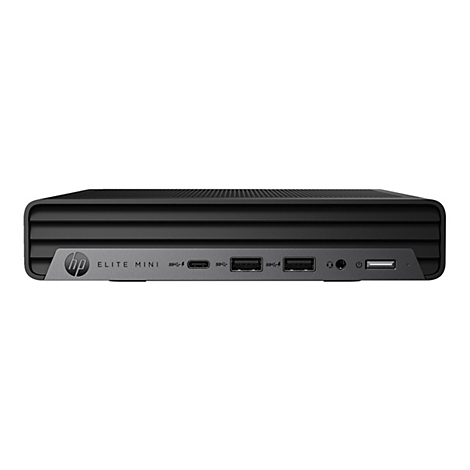 Schwarzer HP Elite Mini PC, Frontansicht, mit diversen AnschlÃ¼ssen. Darunter HP-Logo und ELITE MINI.