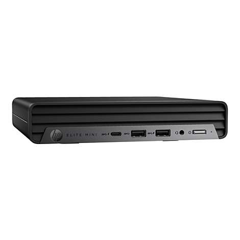 Schwarzer HP Elite Mini Computer, vorderseitig mit AnschlÃ¼ssen und Logo, vor weiÃŸem Hintergrund.