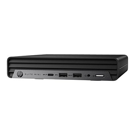 Schwarzer HP Elite Mini-PC, Frontansicht mit AnschlÃ¼ssen.