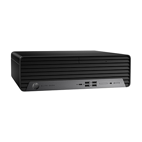 Schwarzer HP EliteDesk Desktop-PC mit horizontalen Lamellen und verschiedenen Anschlüssen.