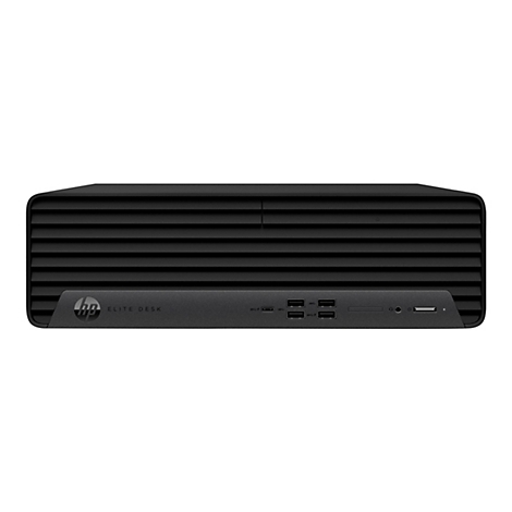 Schwarzer HP EliteDesk Computer. Auf der Vorderseite sind Lüftungsschlitze, das Logo und verschiedene Anschlüsse zu sehen.