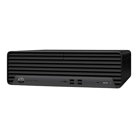 Schwarzer HP EliteDesk-Desktop-Computer vor weißem Hintergrund. Auf der Vorderseite befinden sich Anschlüsse und das HP-Logo.