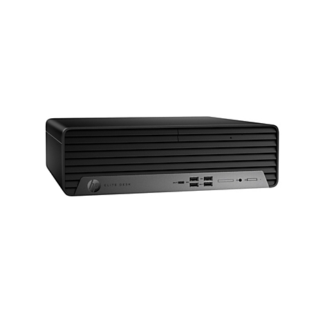 Ein schwarzer HP Elite Desk Computer vor weißem Hintergrund. Auf der Vorderseite befinden sich Anschlüsse und das HP-Logo.
