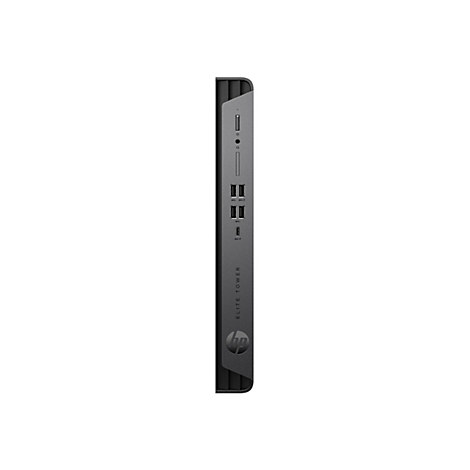 Grauer HP Elite Tower-PC. An der Vorderseite befinden sich Anschlüsse und das HP-Logo.
