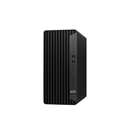 Schwarzer HP Elite Tower-PC vor weißem Hintergrund. Der Tower hat eine geriffelte Front, die rechte Seite ist glatt. Anschlüsse sind sichtbar.